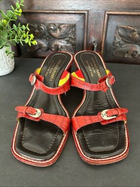 Donald J. Pliner Red Croc-Embossed Leather Buckle Sandals